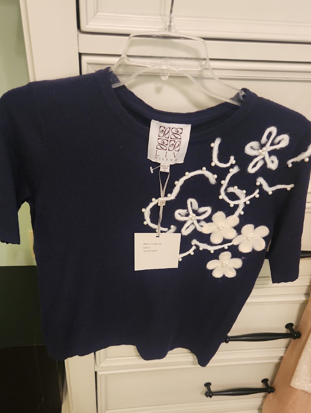 Milano Navy Sweater with White Floral Pearl Appliqué